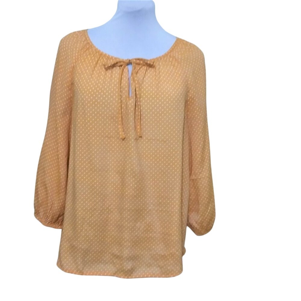 Fred David Mustard Yellow Polka Dot Tie Neck Peasant Blouse 3/4 Sleeve Medium